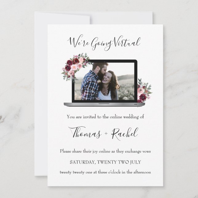 virtual wedding laptop burgundy flower foliage invitation (Front)