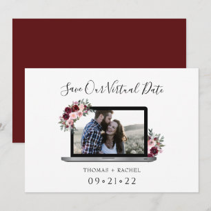 virtual wedding laptop burgundy flower foliage  save the date