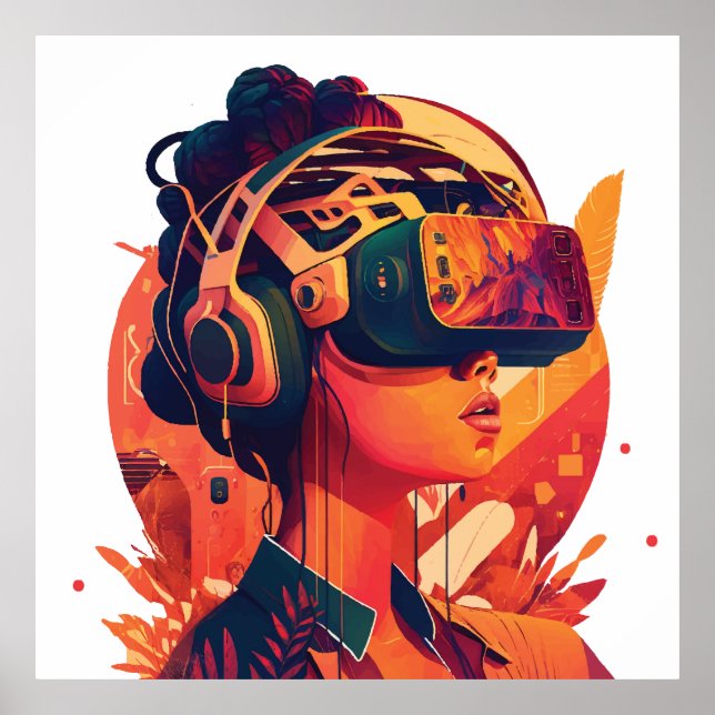 Virtual worlds: woman wearing VR headset Poster (Front)