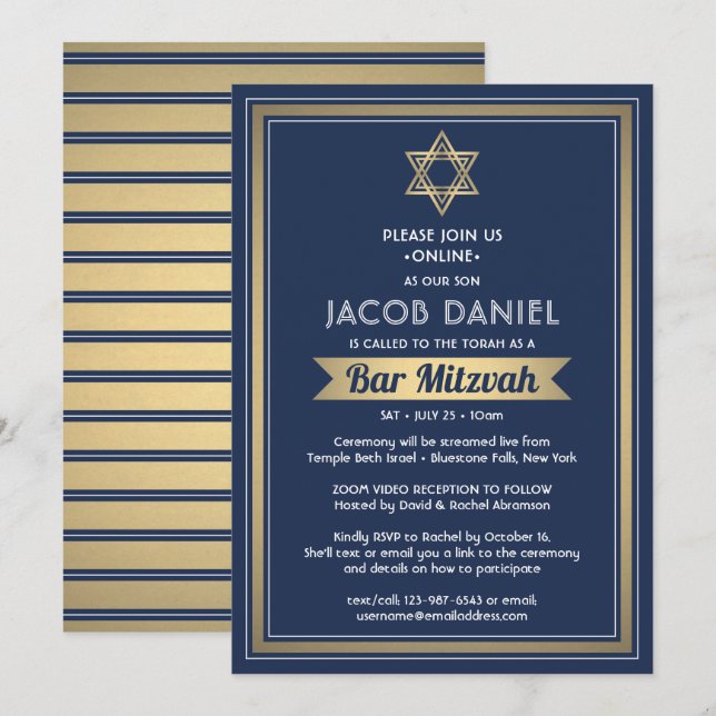 Virtual Zoom Bar Mitzvah Navy Blue White & Gold Invitation (Front/Back)