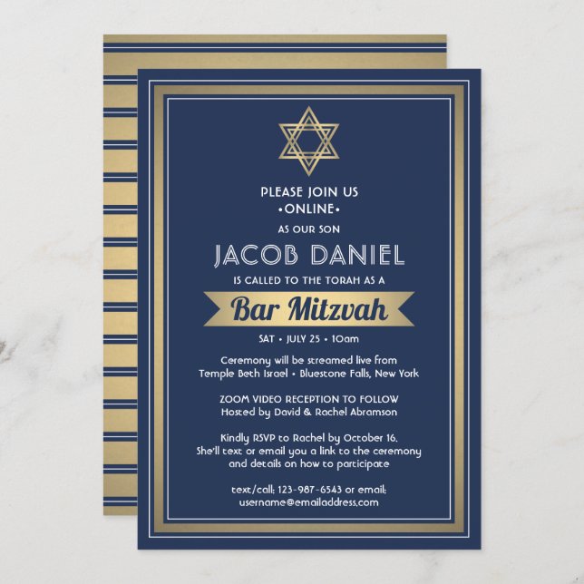Virtual Zoom Bar Mitzvah Navy Blue White & Gold Invitation (Front/Back)