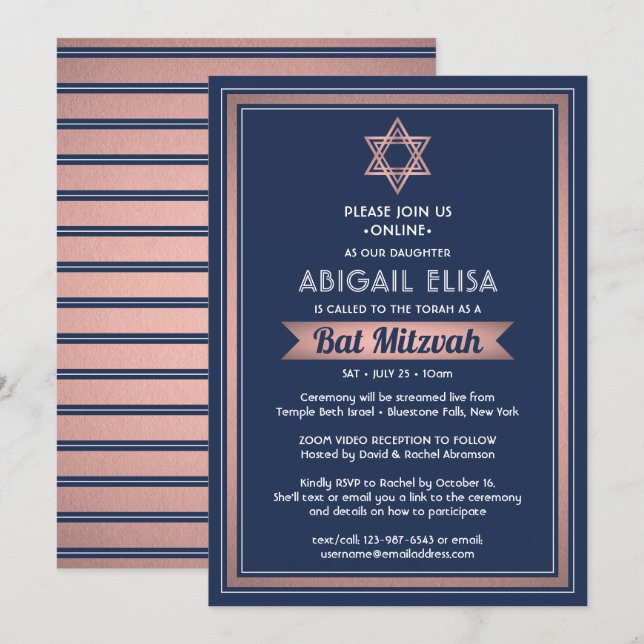 Virtual Zoom Bat Mitzvah Navy Blue Pink Rose Gold Invitation (Front/Back)