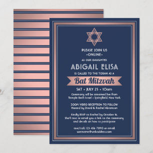 Virtual Zoom Bat Mitzvah Navy Blue Pink Rose Gold Invitation