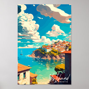 Vis Island Croatia vintage travel illustration Poster