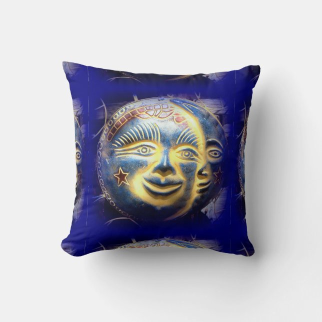 visage soleil/ visage lune céleste bleu coussin (Recto)