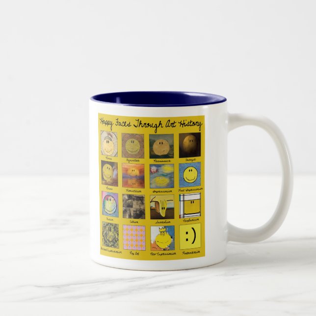 visages heureux par la tasse de cadeau d'histoire (Droit)