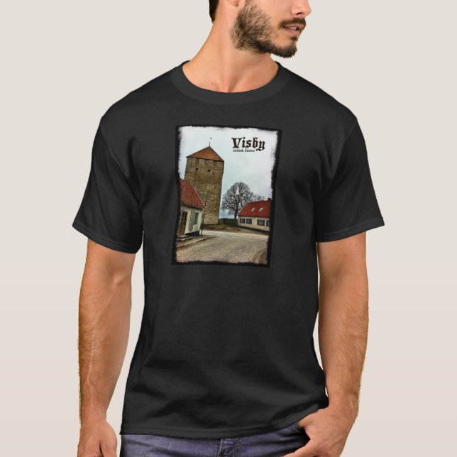 Visby, Gotland, Sweden Tower with Dark Border T-Shirt (Front)