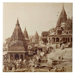 Vishnu Pud and Other Temples, Benares (sepia photo Tile