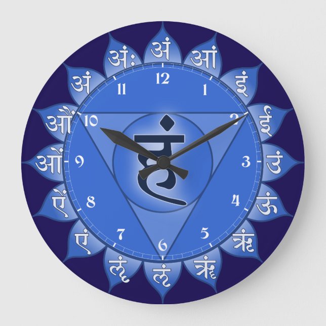 Vishuddha Chakra Blue Petals & Sanskrit Vowels Large Clock (Front)