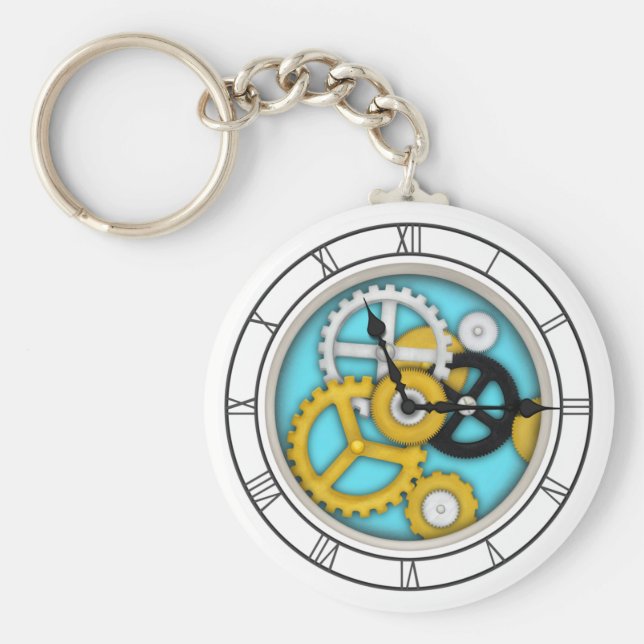 Visible Clockwork Illusion Fanciful Clock Art Aqua Keychain (Front)