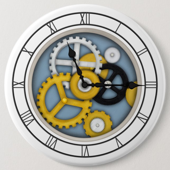 Visible Clockwork Illusion Fanciful Clock Art Blue 6 Inch Round Button (Front)
