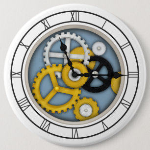 Visible Clockwork Illusion Fanciful Clock Art Blue 6 Inch Round Button