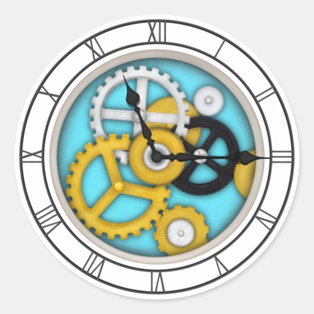 Visible Clockwork Roman 3-D Art Illusion Aqua Classic Round Sticker (Front)