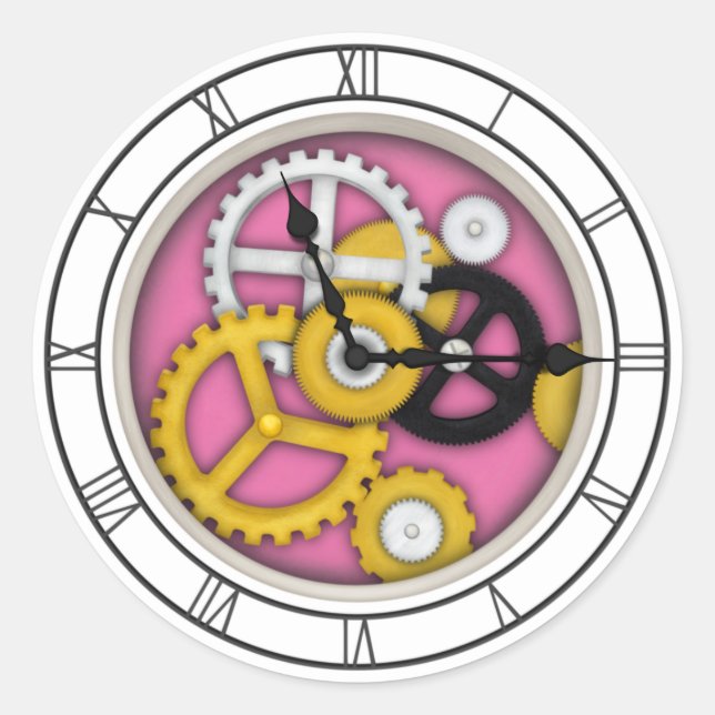 Visible Clockwork Roman 3-D Art Illusion Pink Classic Round Sticker (Front)