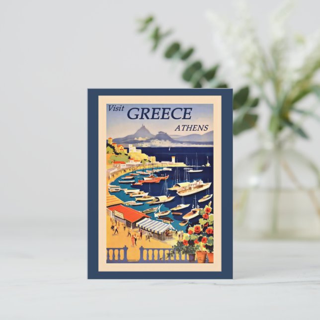 Visit Athens Greece, vintage travel poster, Postcard (Standing Front)