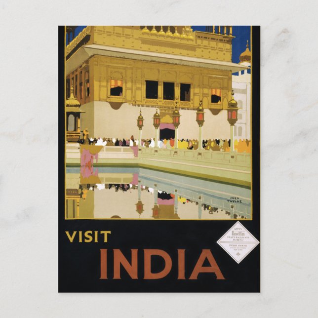 Visit India Vintage Travel Poster Restored Postcard (Front)
