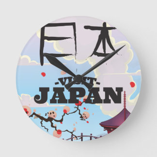 Visit Japan retro travel poster. Round Clock
