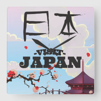 Visit Japan retro travel poster. Square Wall Clock