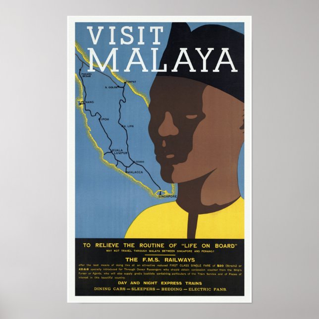 Visit Malaya Malaysia Railways Poster (Front)