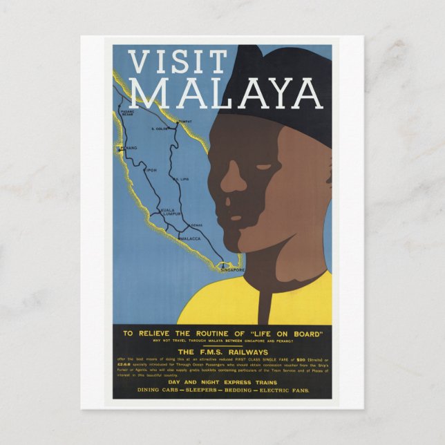 Visit Malaya Malaysia Railways Vintage Postcard (Front)