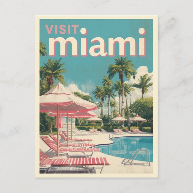 Visit Miami Retro Poolside Travel Art Postcard (Front)