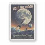 Visit the Moon - Retro travel poster<br><div class="desc">Take a cosmic journey with this vibrant, retro-futuristic sticker! Inspired by the golden age of science fiction and classic mid-century travel advertising, this design invites you to "Visit The Moon." Perfect for space enthusiasts, sci-fi fans, and collectors of vintage art, this high-quality sticker is a stylish way to customize your...</div>