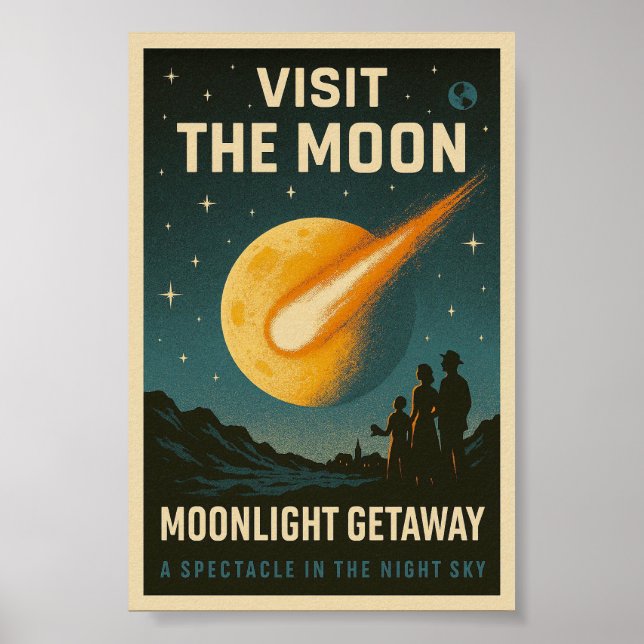 Visit the Moon – Retrofuturism Lunar Tourism Poster (Front)