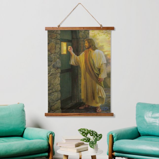 Visitation at Dawn Jesus Knocking on a Rustic Door Hanging Tapestry (Living Room)