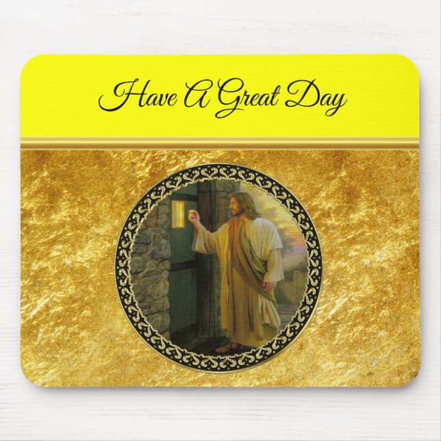 Visitation at Dawn Jesus Knocking on a Rustic Door Mouse Pad (Front)