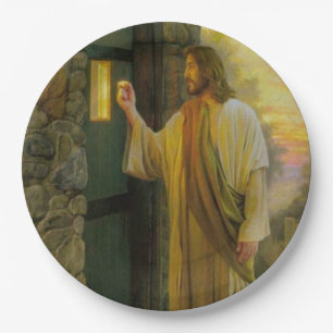 Visitation at Dawn Jesus Knocking on a Rustic Door Paper Plate