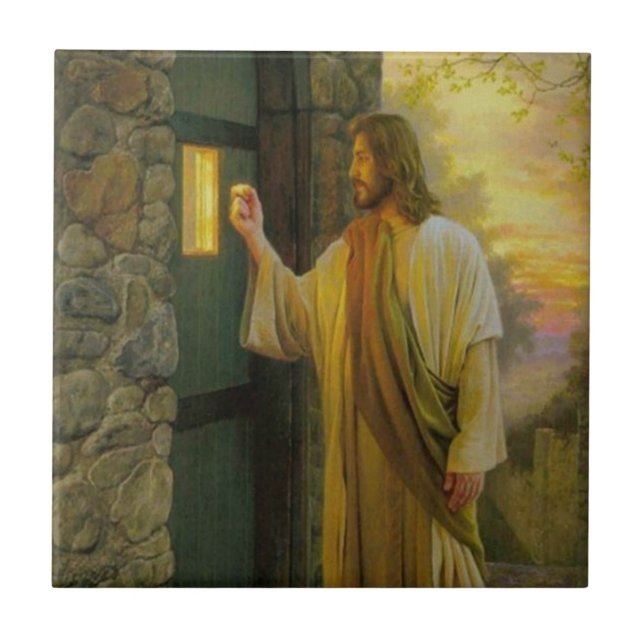 Visitation at Dawn Jesus Knocking on a Rustic Door Tile (Front)