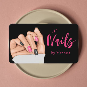 Visite Artiste à ongles roses noir Qr Code Chic Carte de