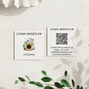 Visite Carré Carte de photographe florale carrée avec code QR