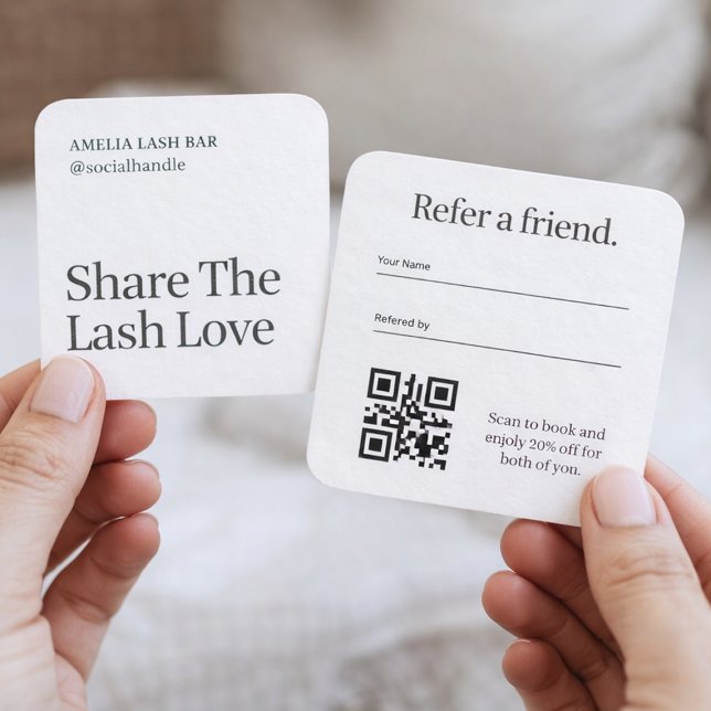 Visite Carré Carte de référencement client QR Code pour Bar à C (Minimalist lash artist referral card with QR code)