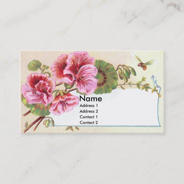 Visite Carte commerciale victorienne de géraniums roses (Devant)