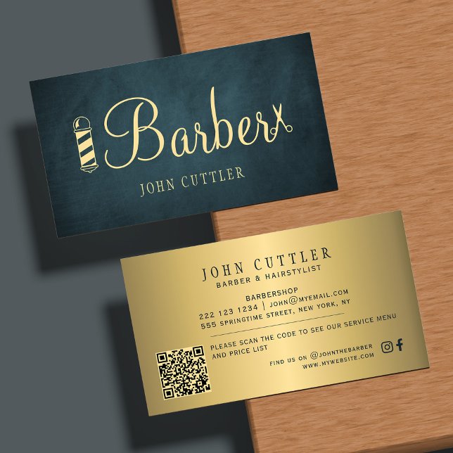Visite Carte de barbier code QR or et ciseaux pole marine (Créateur téléchargé)