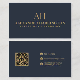 Visite Carte de barbier élégante code QR bleu or
