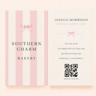 Visite Carte de boulangerie Rose Vert Rayé Nœud QR Code