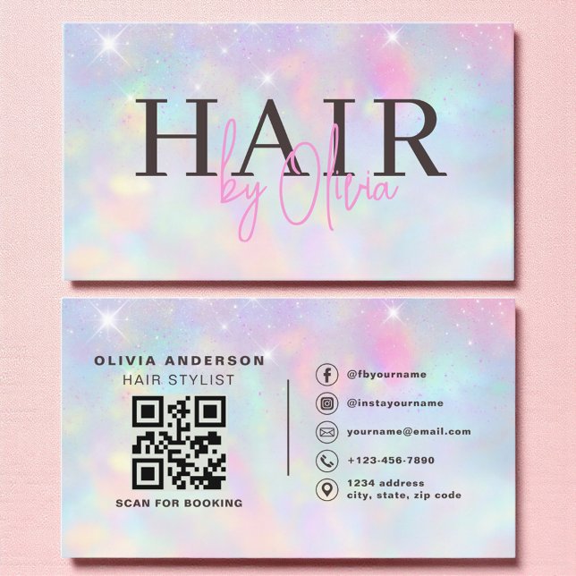 Visite Carte de coiffeur à code QR Opal Glitter Moderne (Créateur téléchargé)