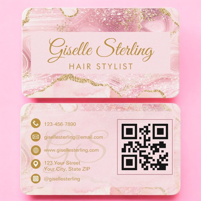 Visite Carte de coiffeur Code QR Rose Pâle Agate Dorée  (Créateur téléchargé)