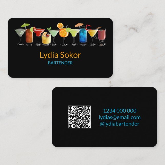 Visite Carte de contact Black QR Bartender moderne (Devant / Derrière)