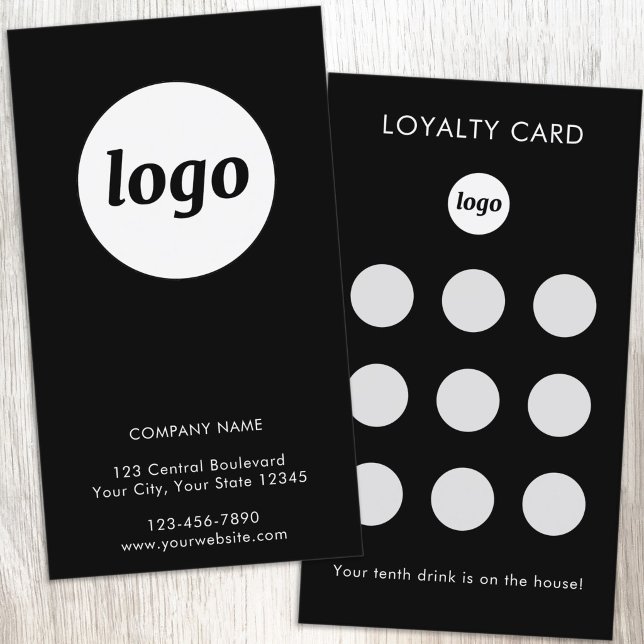 Visite Carte de Fidélité Client Simple Logo et Texte Noir (Simple logo with custom text business branding promotional customer loyalty card)