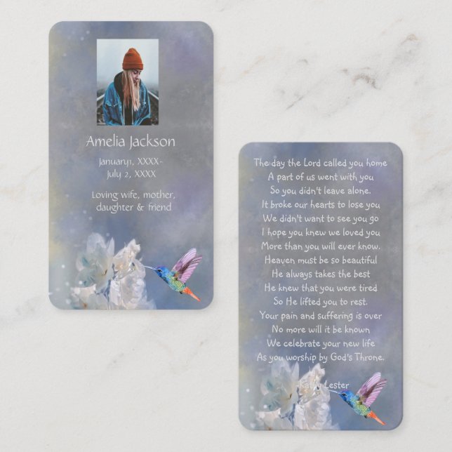 Visite Carte de prière commémorative Fleurs blanches coli (Devant / Derrière)