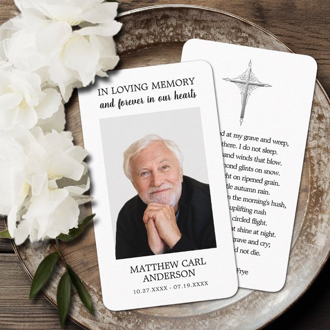 Visite Carte de prière simple commémorative de la photo (Simple funeral memorial photo prayer cards with a cross and poem on the back (can be changed))