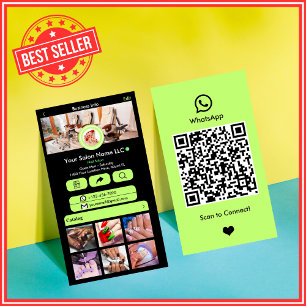 Visite Carte de salon d'onglerie WhatsApp vert citron QR 