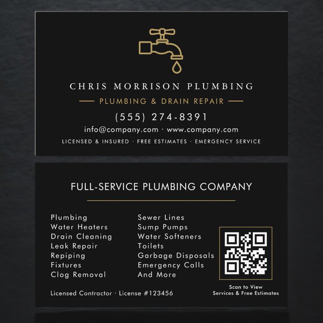 Visite Carte de service de plomberie Code QR Black & Gold (Créateur téléchargé)