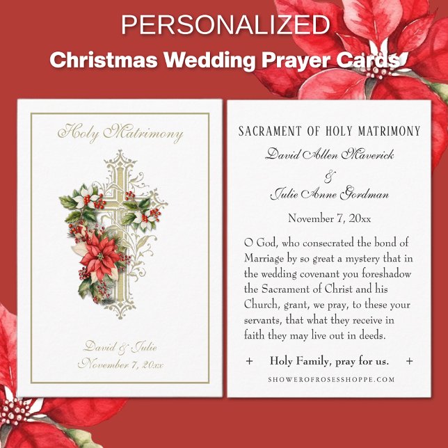 Visite Carte Sainte Catholique de Noël pour Mariage (Traditional Catholic Gold Cross Poinsettia Christmas prayer cards)