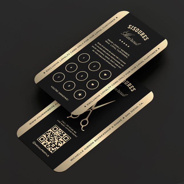 Visite Elégante Barber Faux Ciseaux Or Carte de fidélité (Barber Barbershop Black Gold Scissors Loyalty Card
)