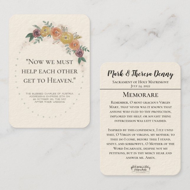 Visite Faveurs de mariage St. Charles Memorare Carte Sain (Devant / Derrière)