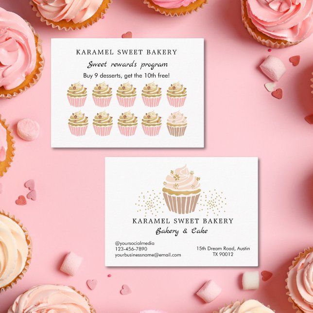 Visite Pink Cupcakes Programme de boulangerie Carte de fi (Blush Pink Gold Cupcakes Reward Program Loyalty card)